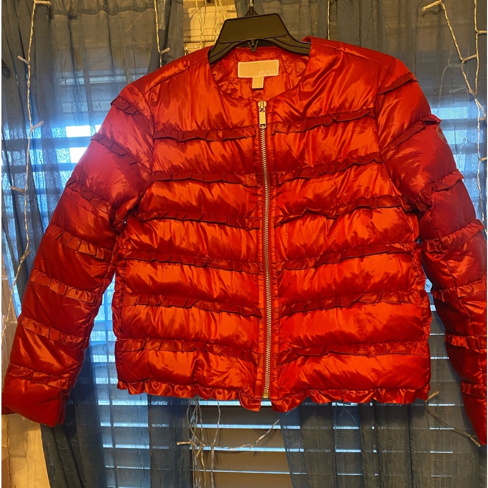 NWOT Michael Kors red ruffle puffer jacket. Size L